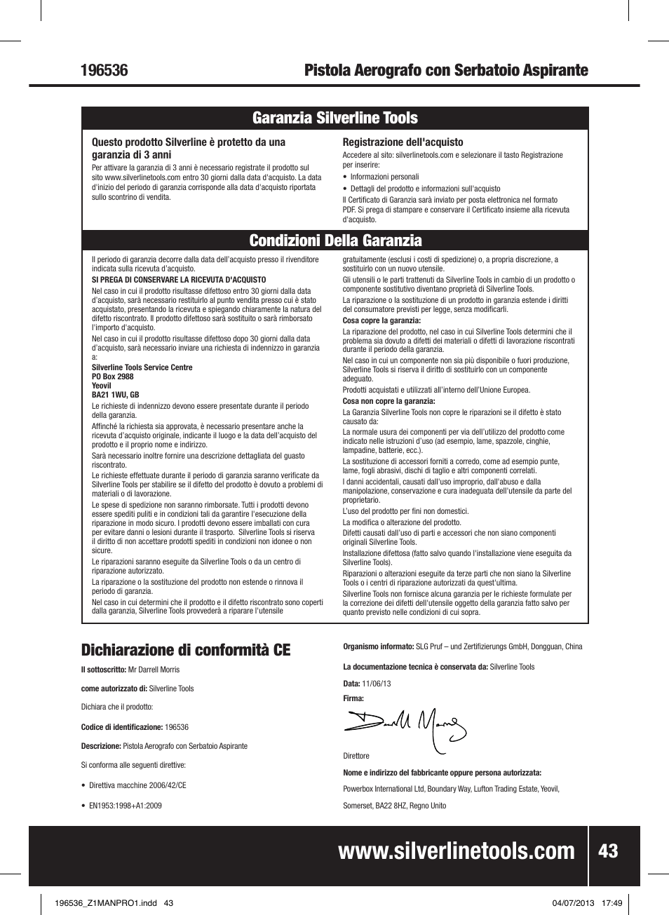 Dichiarazione di conformità ce | Silverline Spray Gun Suction Feed User Manual | Page 44 / 56