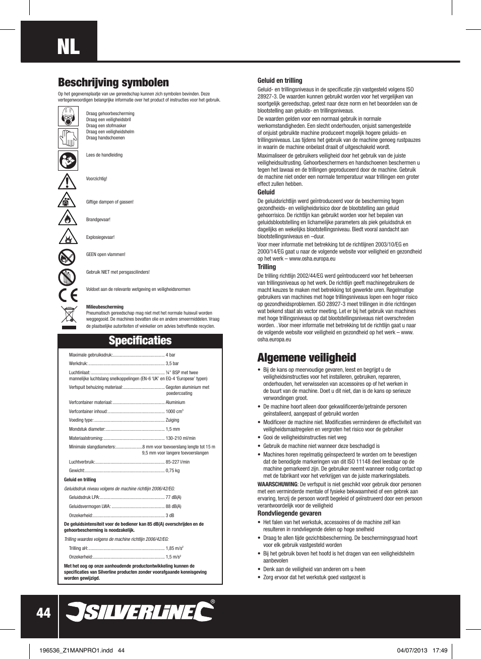 Algemene veiligheid, Specificaties, Beschrijving symbolen | Silverline Spray Gun Suction Feed User Manual | Page 45 / 56