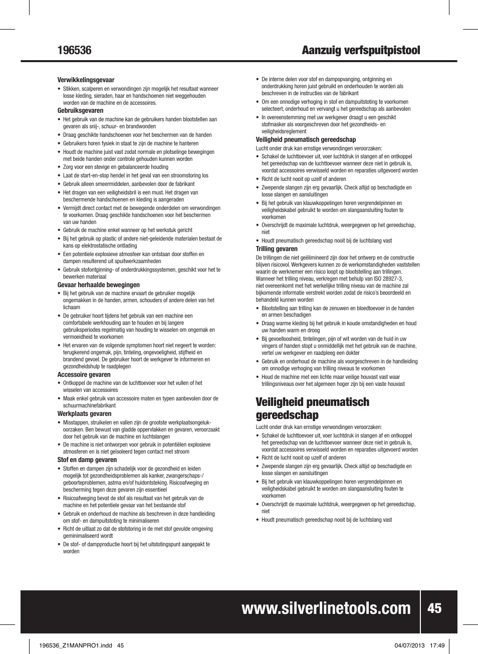 Veiligheid pneumatisch gereedschap, Aanzuig verfspuitpistool | Silverline Spray Gun Suction Feed User Manual | Page 46 / 56