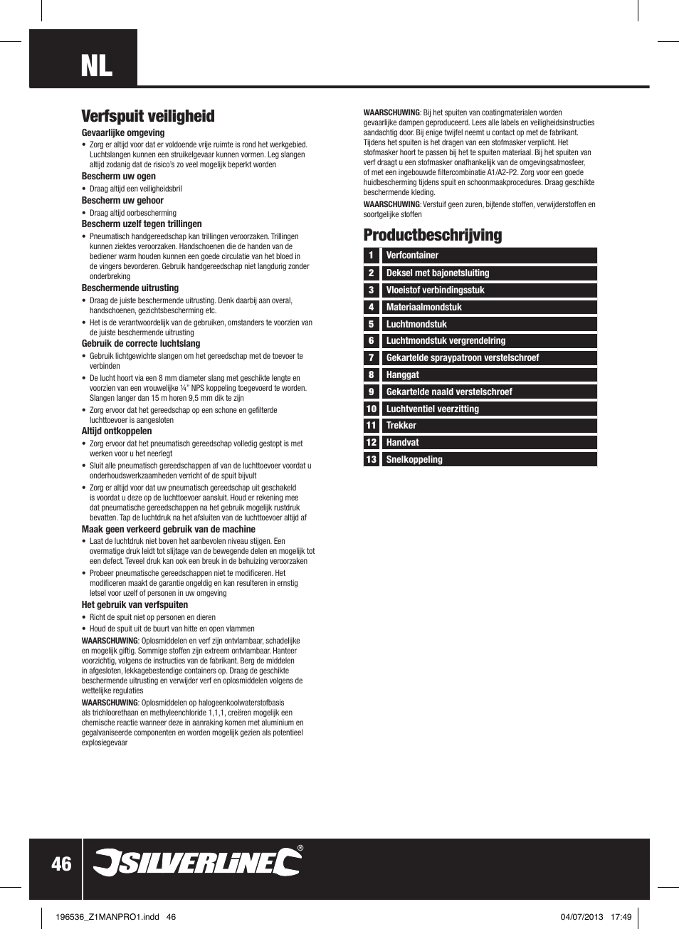 Verfspuit veiligheid, Productbeschrijving | Silverline Spray Gun Suction Feed User Manual | Page 47 / 56