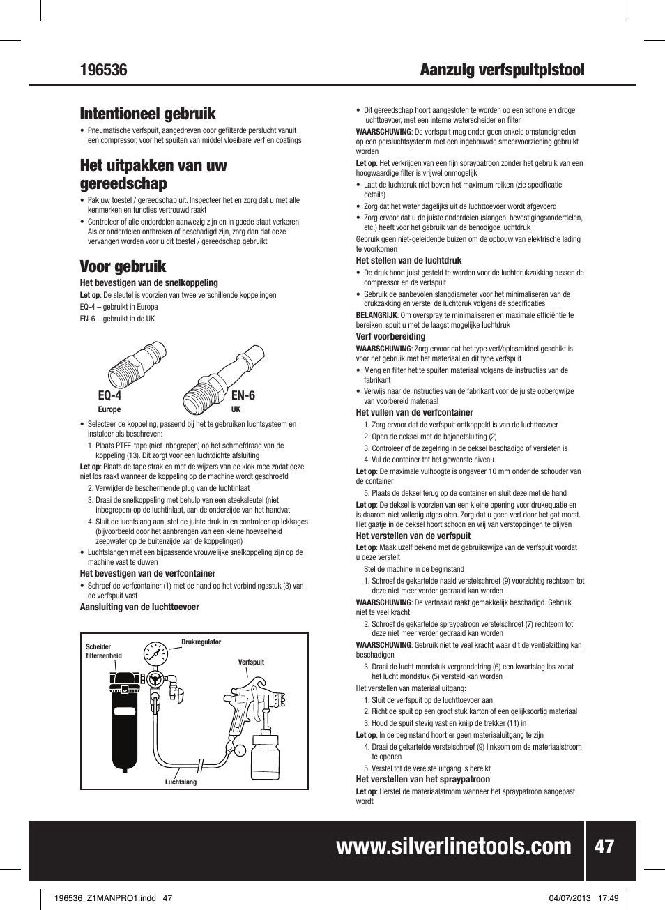 Aanzuig verfspuitpistool intentioneel gebruik, Het uitpakken van uw gereedschap, Voor gebruik | Eq-4, En-6 | Silverline Spray Gun Suction Feed User Manual | Page 48 / 56