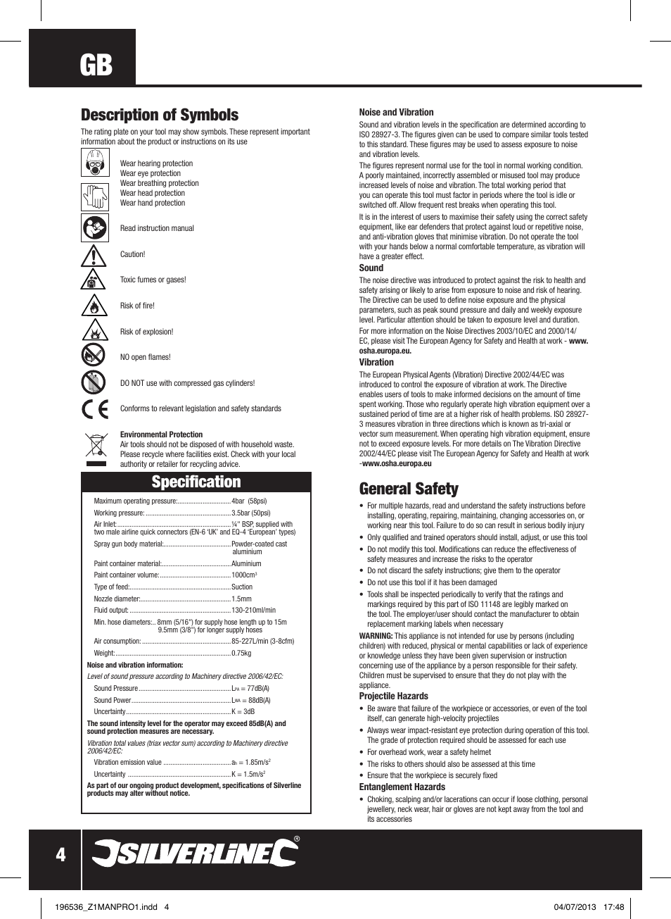 General safety, Specification, Description of symbols | Silverline Spray Gun Suction Feed User Manual | Page 5 / 56