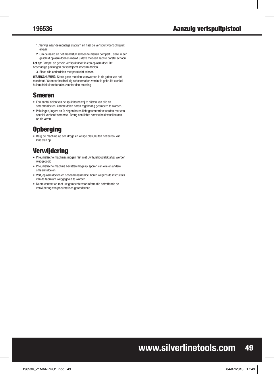 Smeren, Opberging, Verwijdering | Silverline Spray Gun Suction Feed User Manual | Page 50 / 56