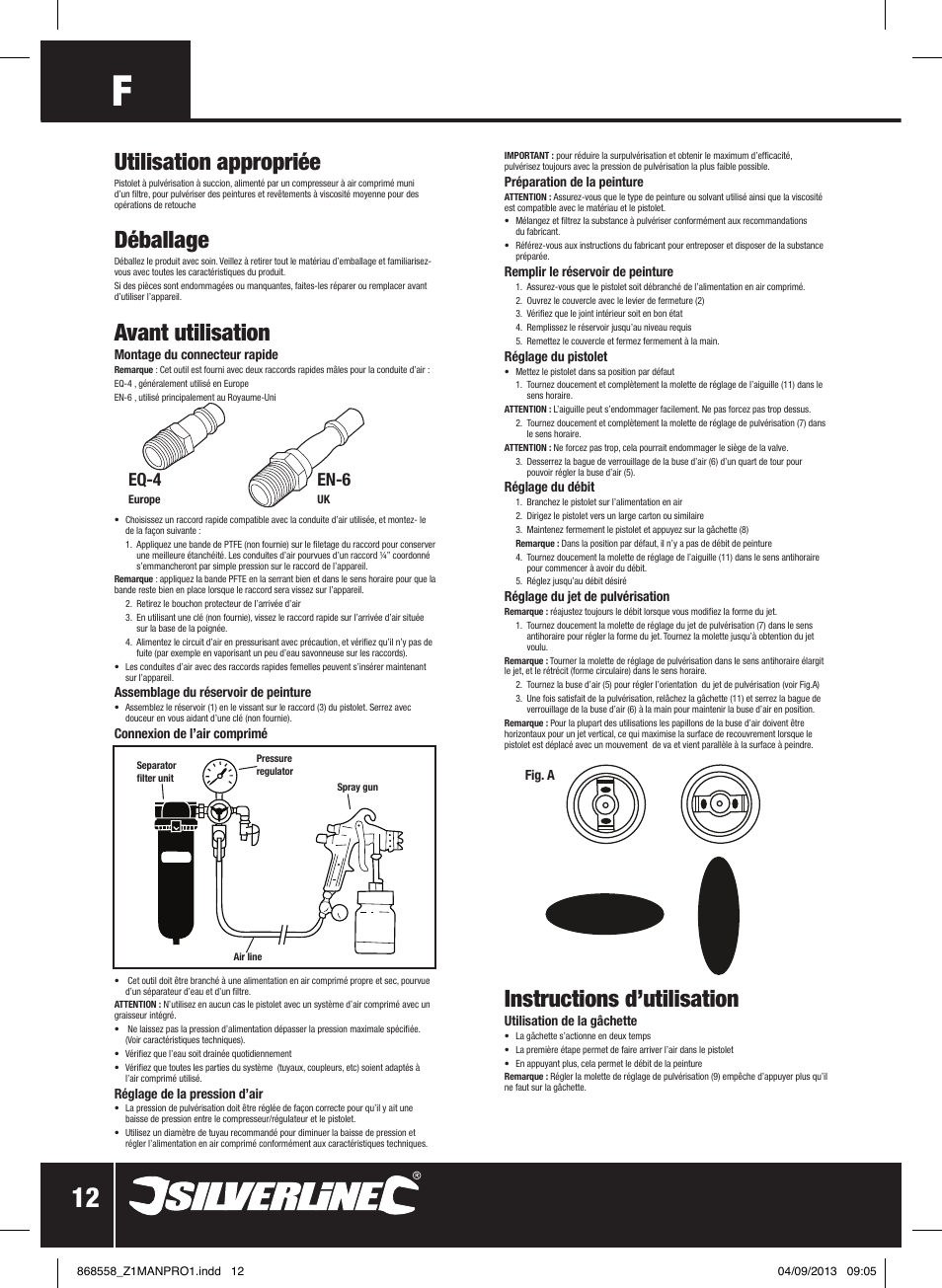 Utilisation appropriée, Déballage, Avant utilisation | Instructions d’utilisation, Eq-4, En-6 | Silverline Spray Gun Touch Up User Manual | Page 13 / 44