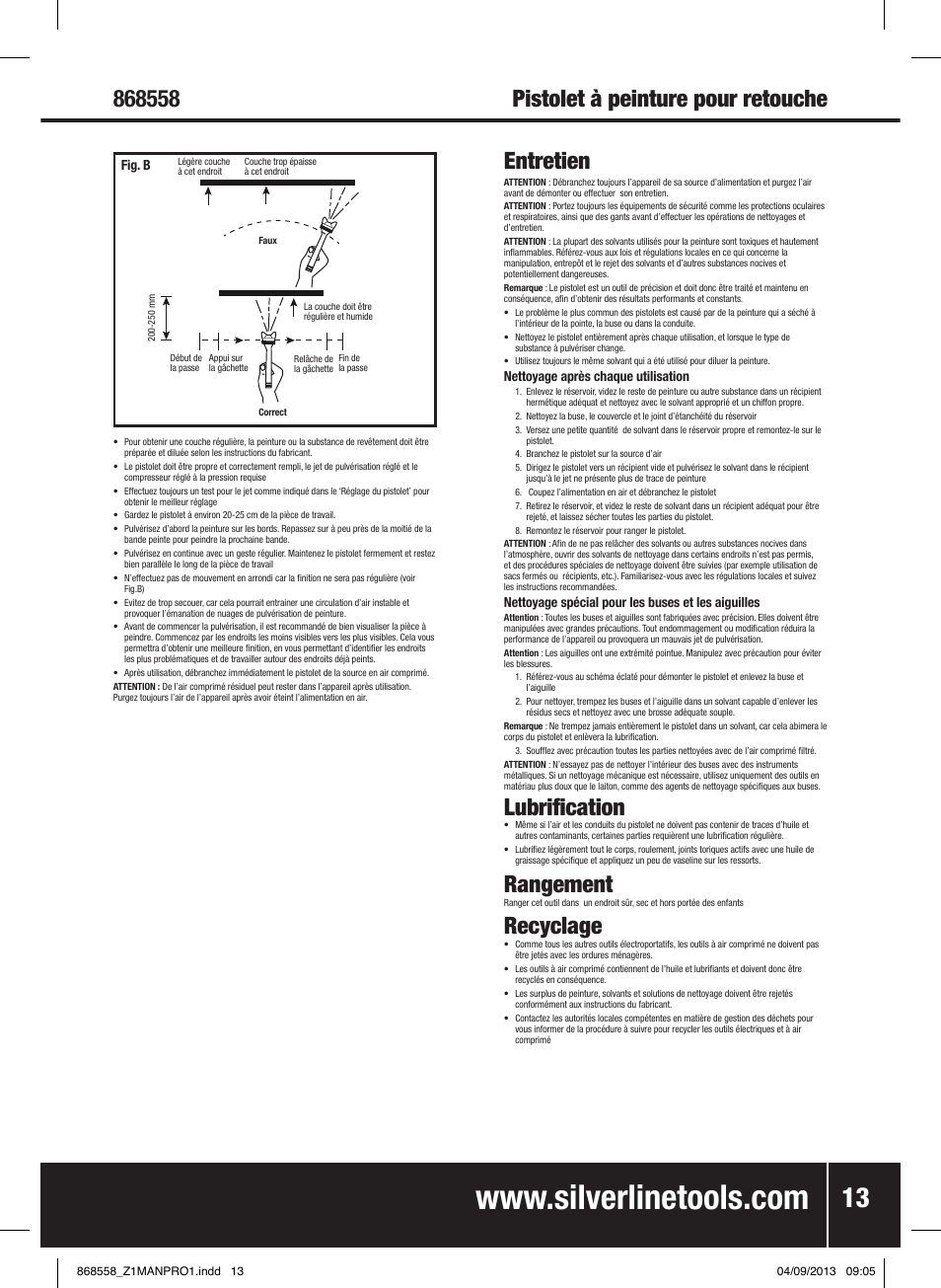 Entretien, Lubrification, Rangement | Recyclage, Pistolet à peinture pour retouche | Silverline Spray Gun Touch Up User Manual | Page 14 / 44