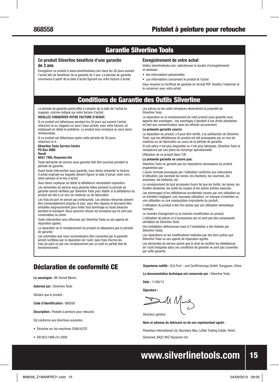 Déclaration de conformité ce | Silverline Spray Gun Touch Up User Manual | Page 16 / 44