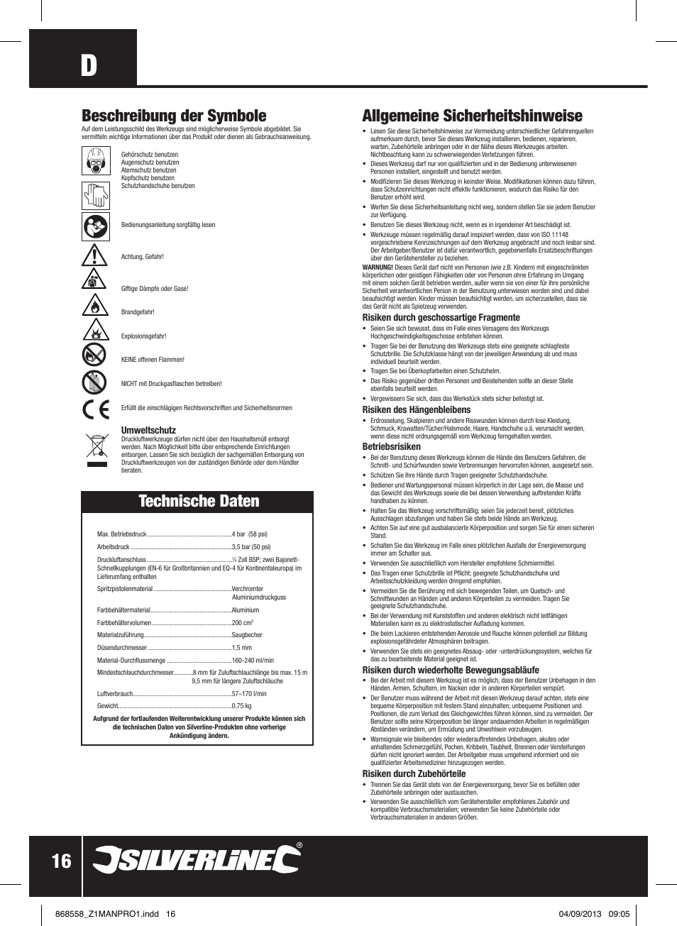 Technische daten, Allgemeine sicherheitshinweise, Beschreibung der symbole | Silverline Spray Gun Touch Up User Manual | Page 17 / 44