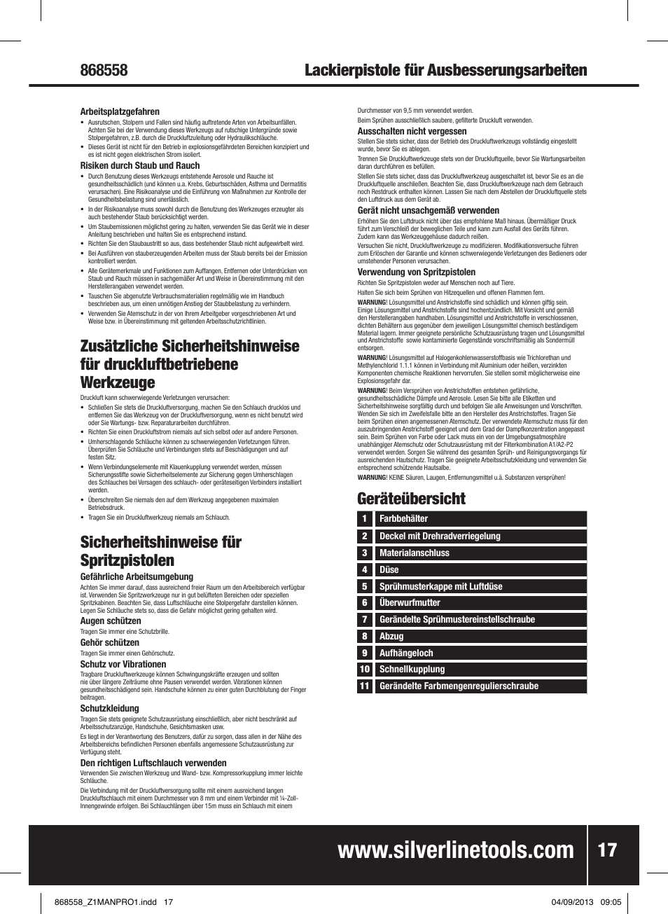 Lackierpistole für ausbesserungsarbeiten, Sicherheitshinweise für spritzpistolen, Geräteübersicht | Silverline Spray Gun Touch Up User Manual | Page 18 / 44