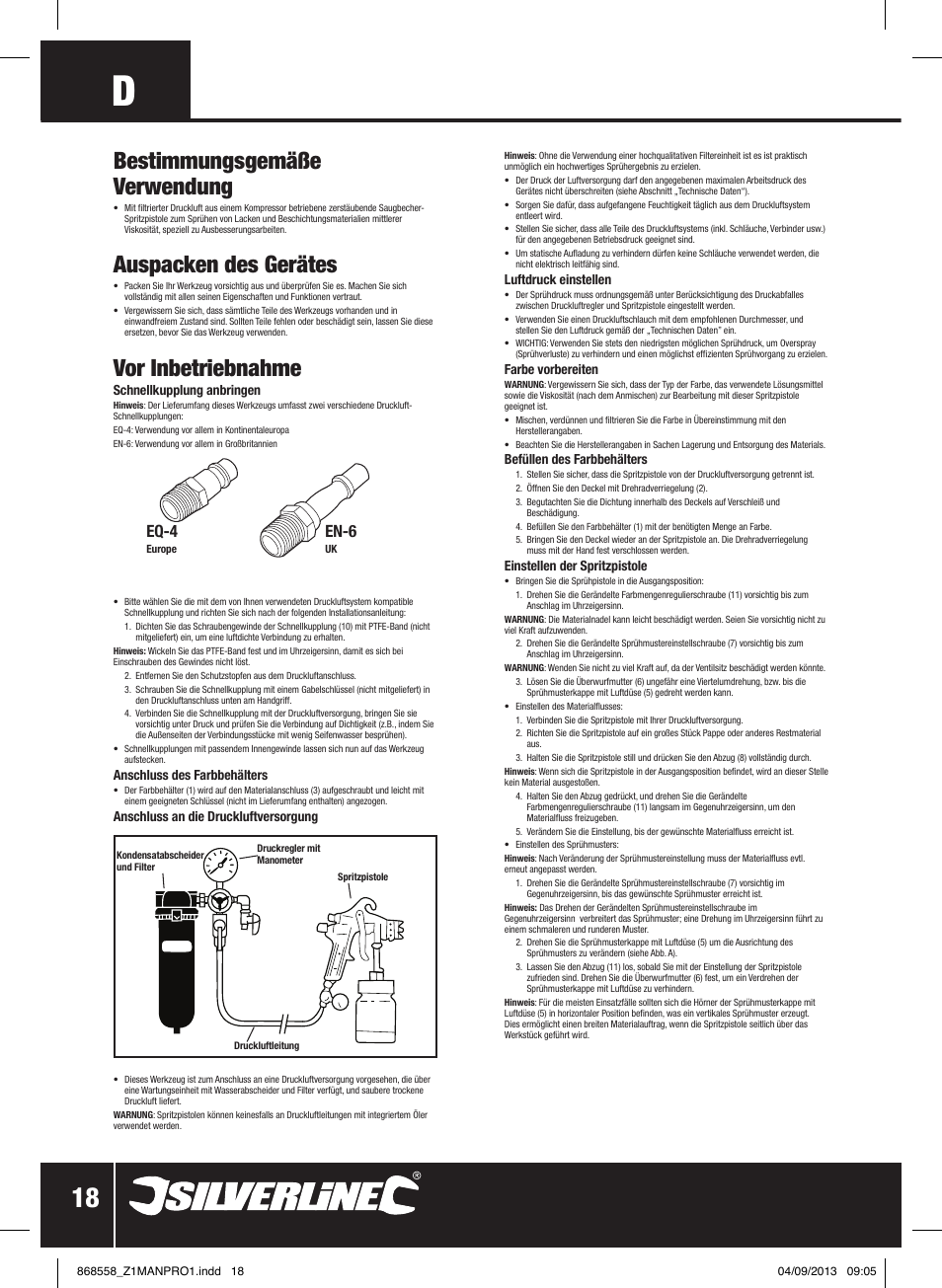 Bestimmungsgemäße verwendung, Auspacken des gerätes, Vor inbetriebnahme | Eq-4, En-6 | Silverline Spray Gun Touch Up User Manual | Page 19 / 44