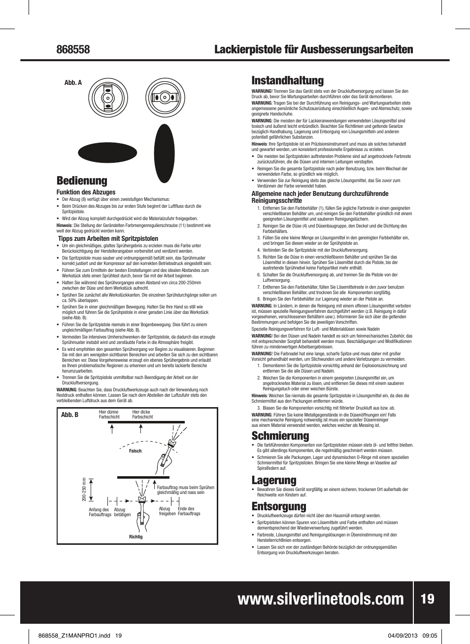 Lackierpistole für ausbesserungsarbeiten bedienung, Instandhaltung, Schmierung | Lagerung, Entsorgung | Silverline Spray Gun Touch Up User Manual | Page 20 / 44