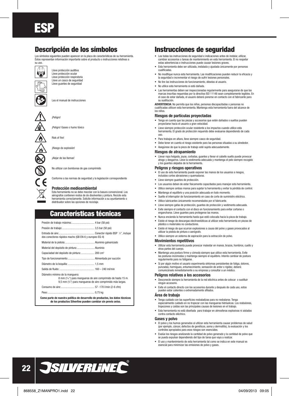 Instrucciones de seguridad, Características técnicas, Descripción de los símbolos | Silverline Spray Gun Touch Up User Manual | Page 23 / 44