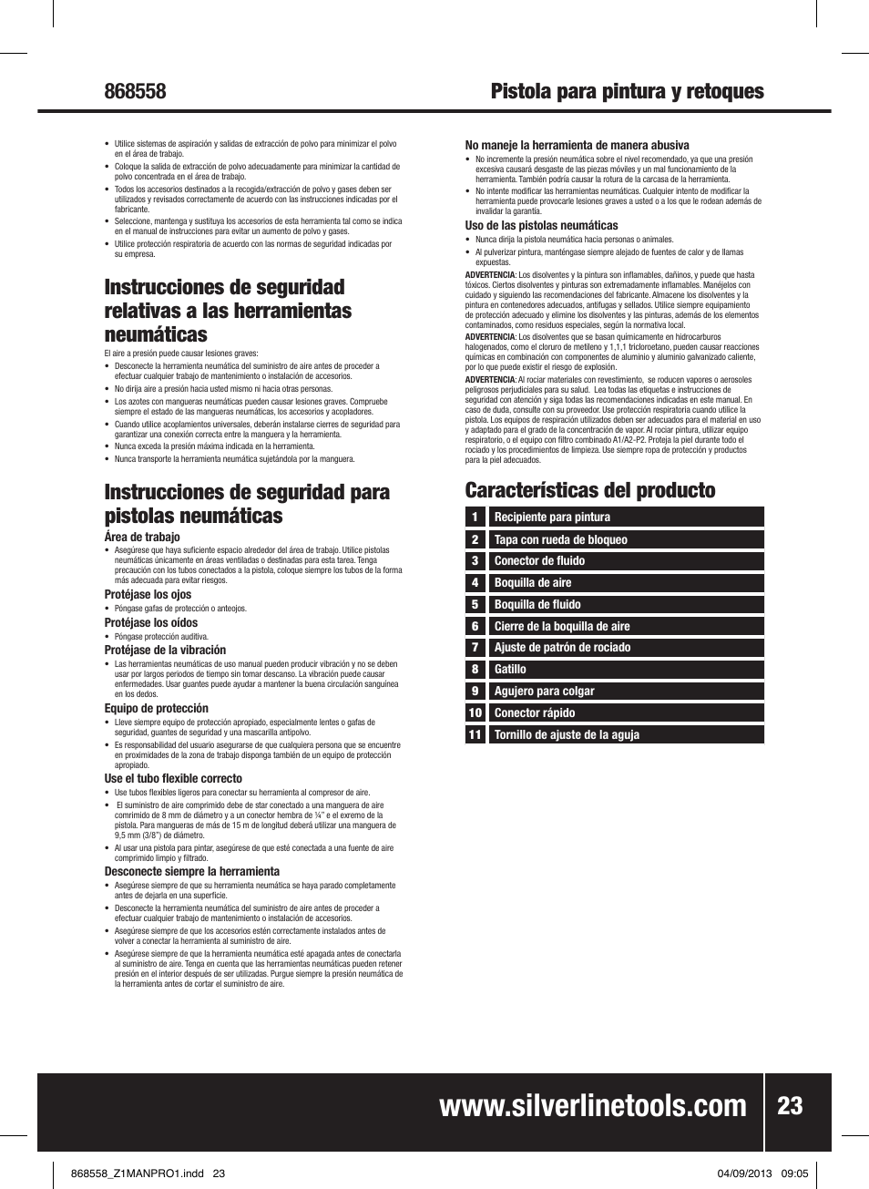 Pistola para pintura y retoques, Características del producto | Silverline Spray Gun Touch Up User Manual | Page 24 / 44