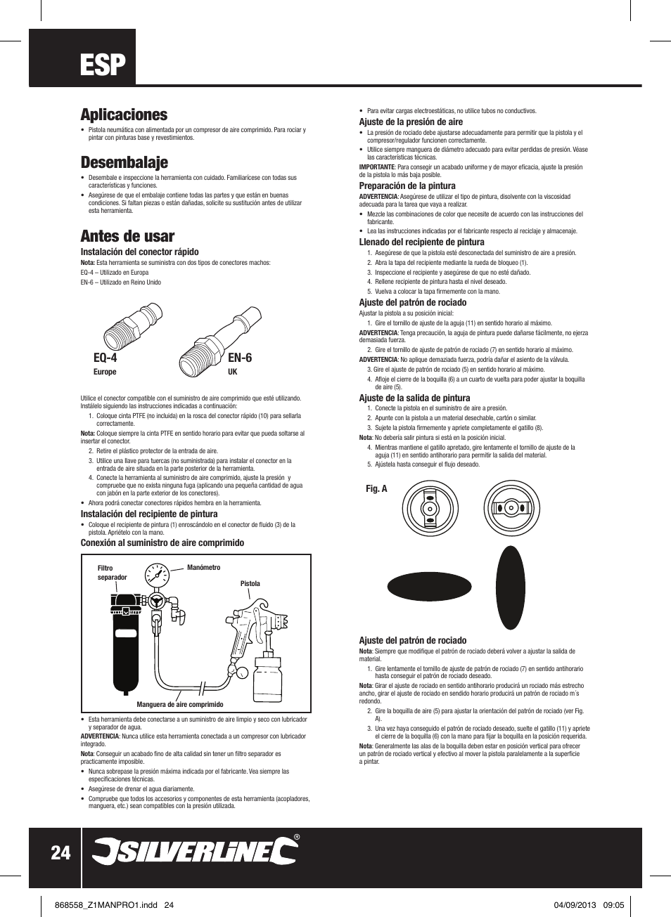 Aplicaciones, Desembalaje, Antes de usar | Eq-4, En-6 | Silverline Spray Gun Touch Up User Manual | Page 25 / 44