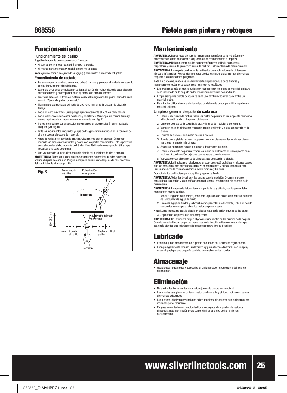 Funcionamiento, Pistola para pintura y retoques mantenimiento, Lubricado | Almacenaje, Eliminación | Silverline Spray Gun Touch Up User Manual | Page 26 / 44