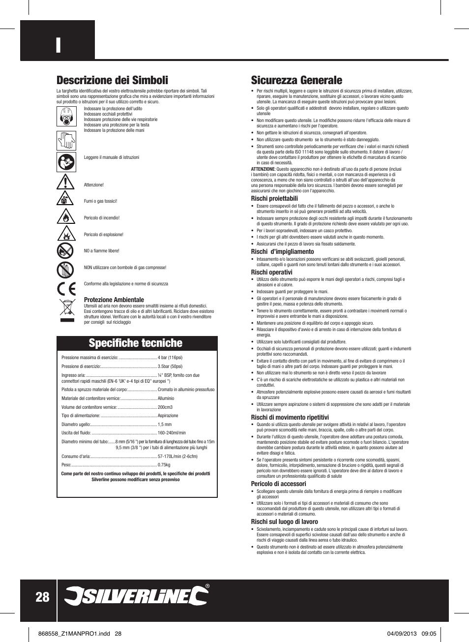 Sicurezza generale, Descrizione dei simboli, Specifiche tecniche | Silverline Spray Gun Touch Up User Manual | Page 29 / 44