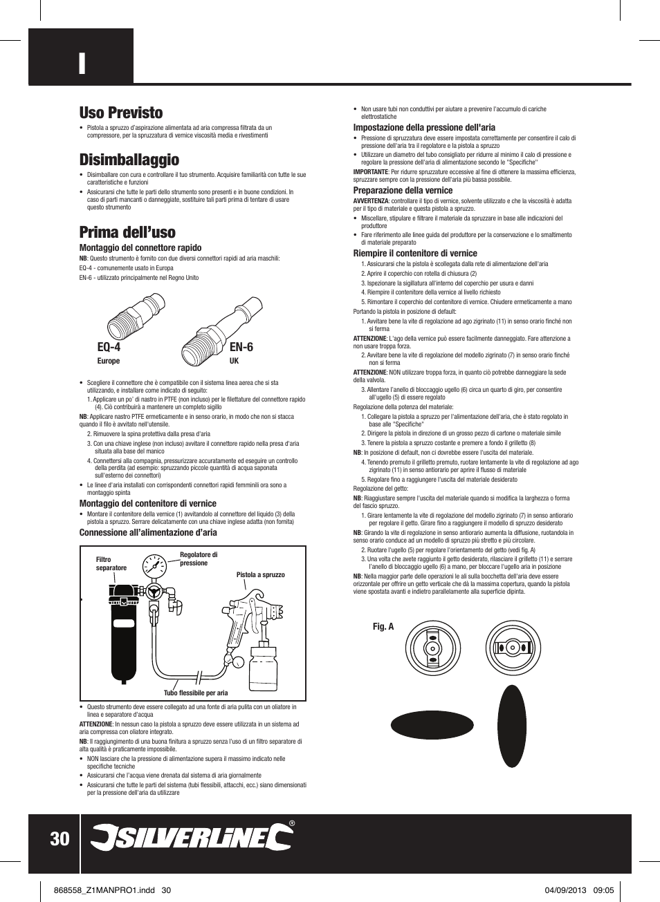 Uso previsto, Disimballaggio, Prima dell’uso | Eq-4, En-6 | Silverline Spray Gun Touch Up User Manual | Page 31 / 44