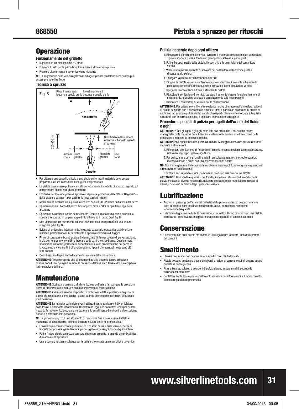 Pistola a spruzzo per ritocchi operazione, Manutenzione, Lubrificazione | Conservazione, Smaltimento | Silverline Spray Gun Touch Up User Manual | Page 32 / 44