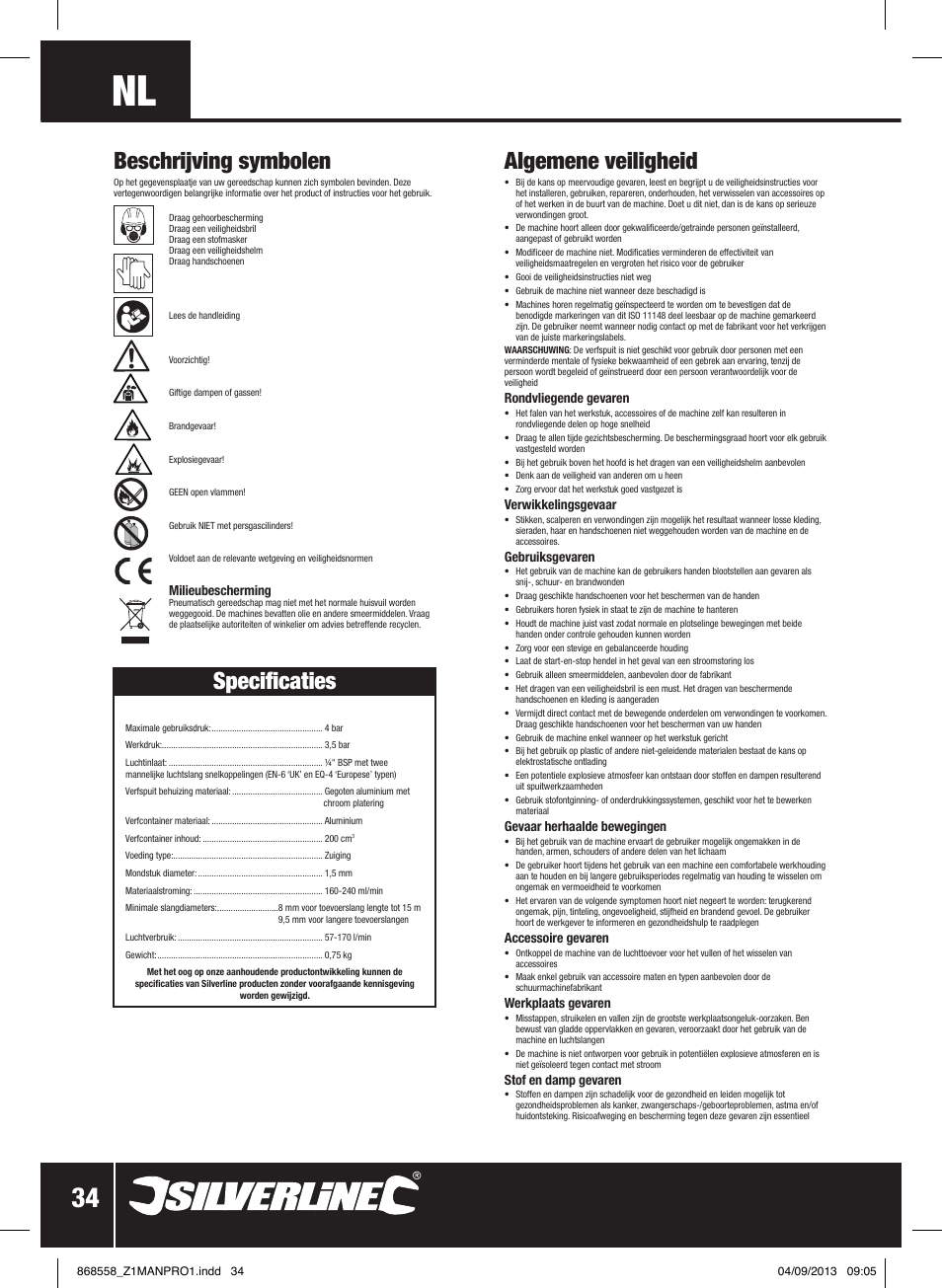 Algemene veiligheid, Specificaties, Beschrijving symbolen | Silverline Spray Gun Touch Up User Manual | Page 35 / 44