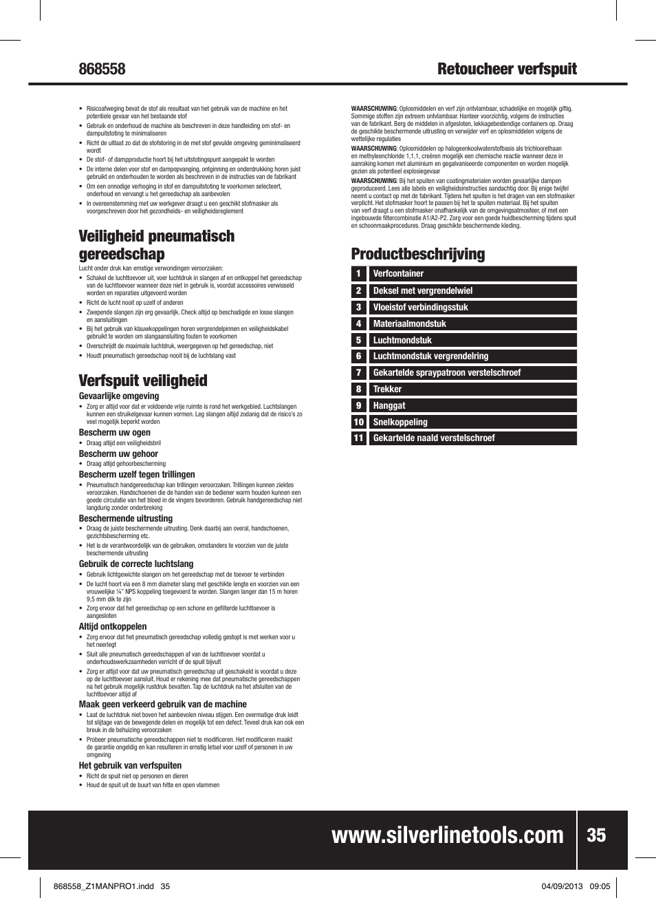 Retoucheer verfspuit, Veiligheid pneumatisch gereedschap, Verfspuit veiligheid | Productbeschrijving | Silverline Spray Gun Touch Up User Manual | Page 36 / 44