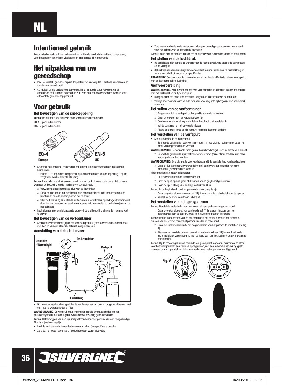 Intentioneel gebruik, Het uitpakken van uw gereedschap, Voor gebruik | Eq-4, En-6 | Silverline Spray Gun Touch Up User Manual | Page 37 / 44