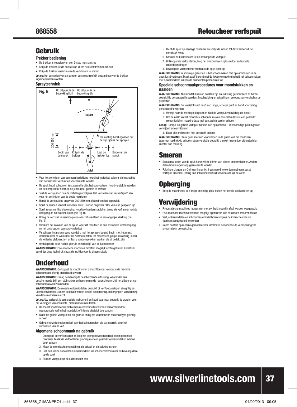 Retoucheer verfspuit gebruik, Onderhoud, Smeren | Opberging, Verwijdering | Silverline Spray Gun Touch Up User Manual | Page 38 / 44