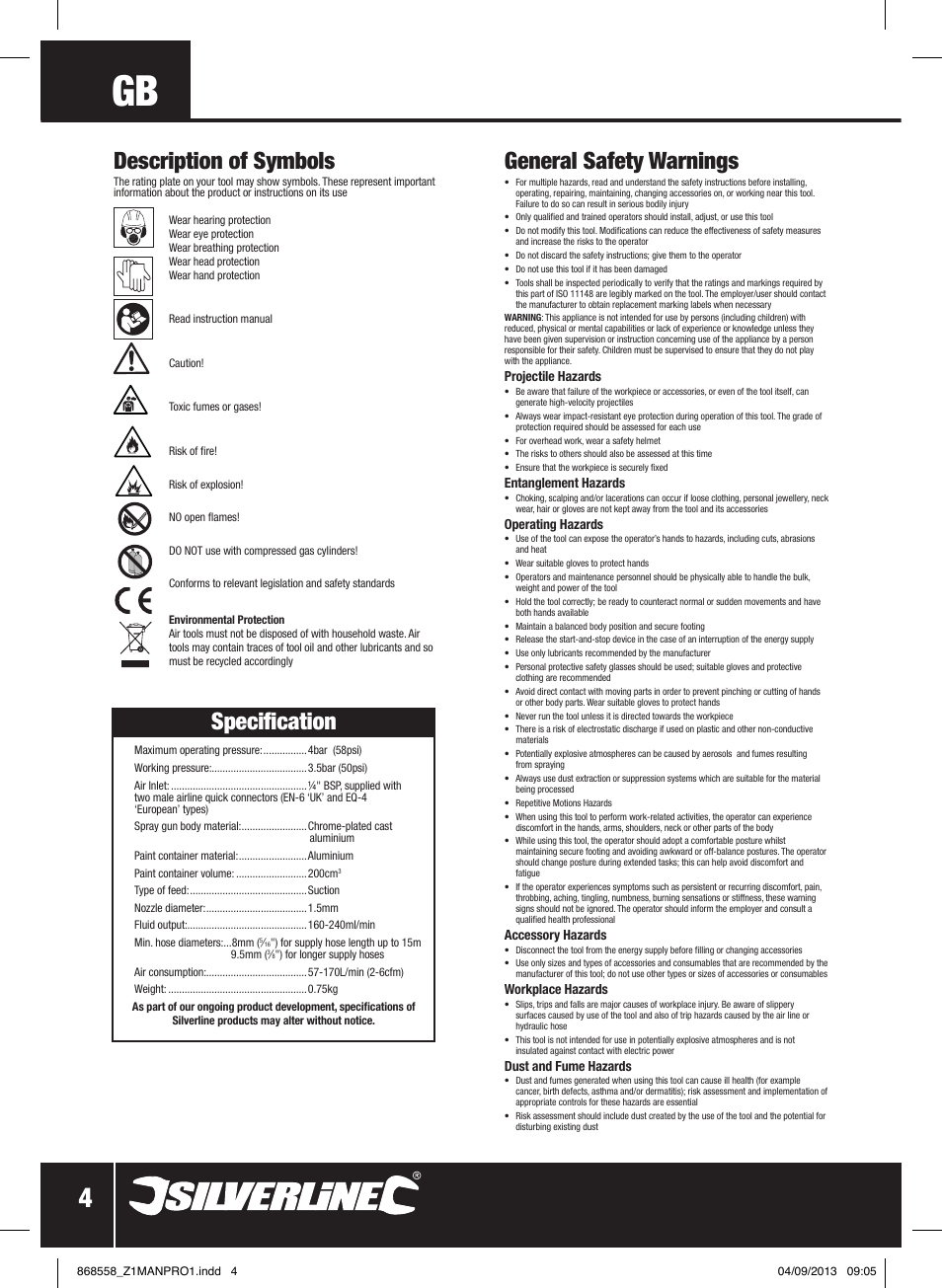 General safety warnings, Specification, Description of symbols | Silverline Spray Gun Touch Up User Manual | Page 5 / 44