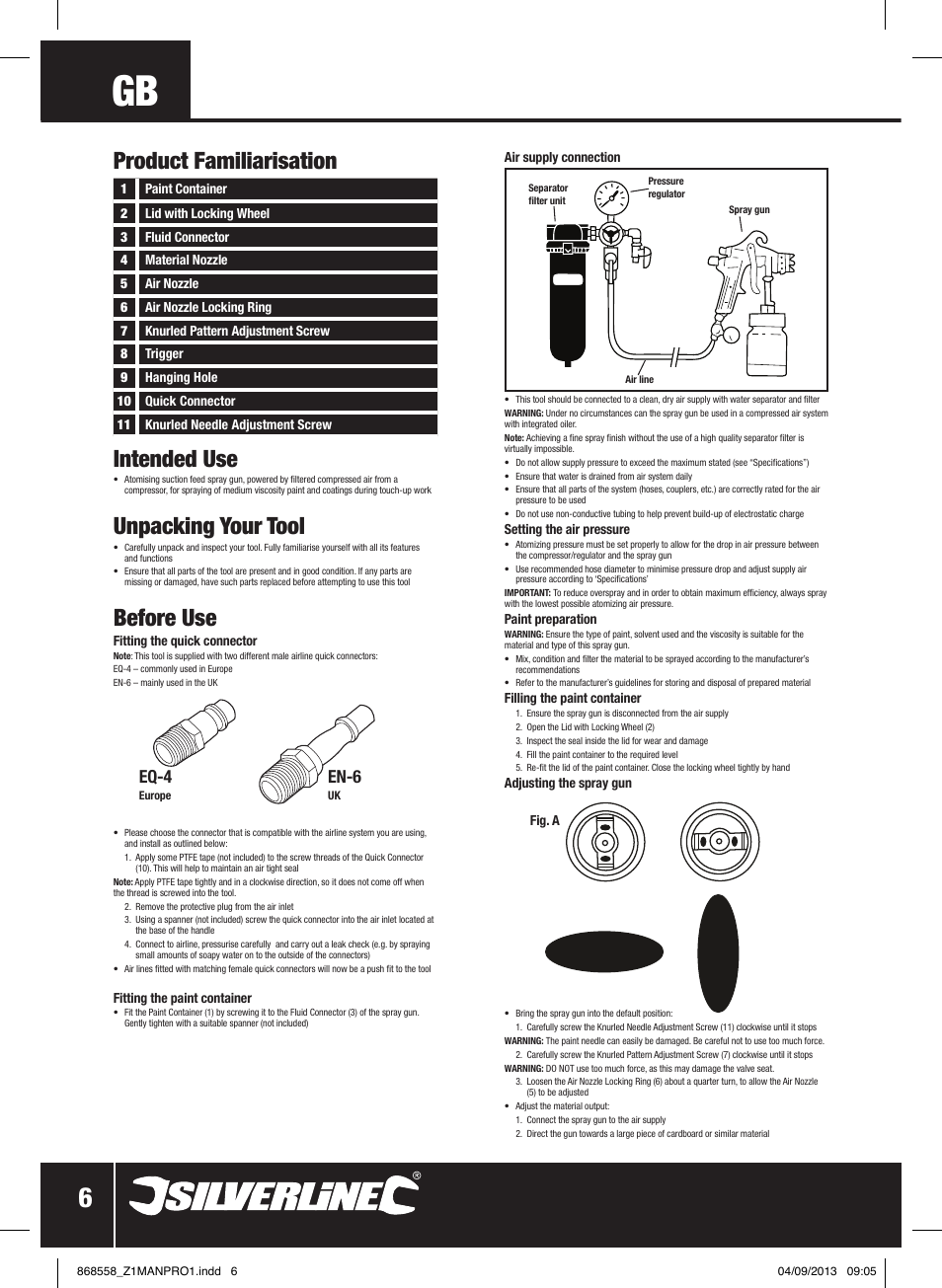 Intended use, Unpacking your tool, Before use | Product familiarisation, Eq-4, En-6 | Silverline Spray Gun Touch Up User Manual | Page 7 / 44