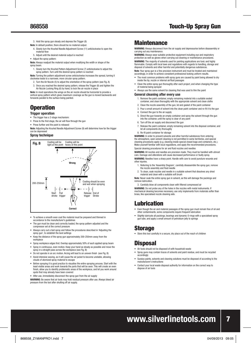 Touch-up spray gun, Operation, Maintenance | Lubrication, Storage, Disposal | Silverline Spray Gun Touch Up User Manual | Page 8 / 44