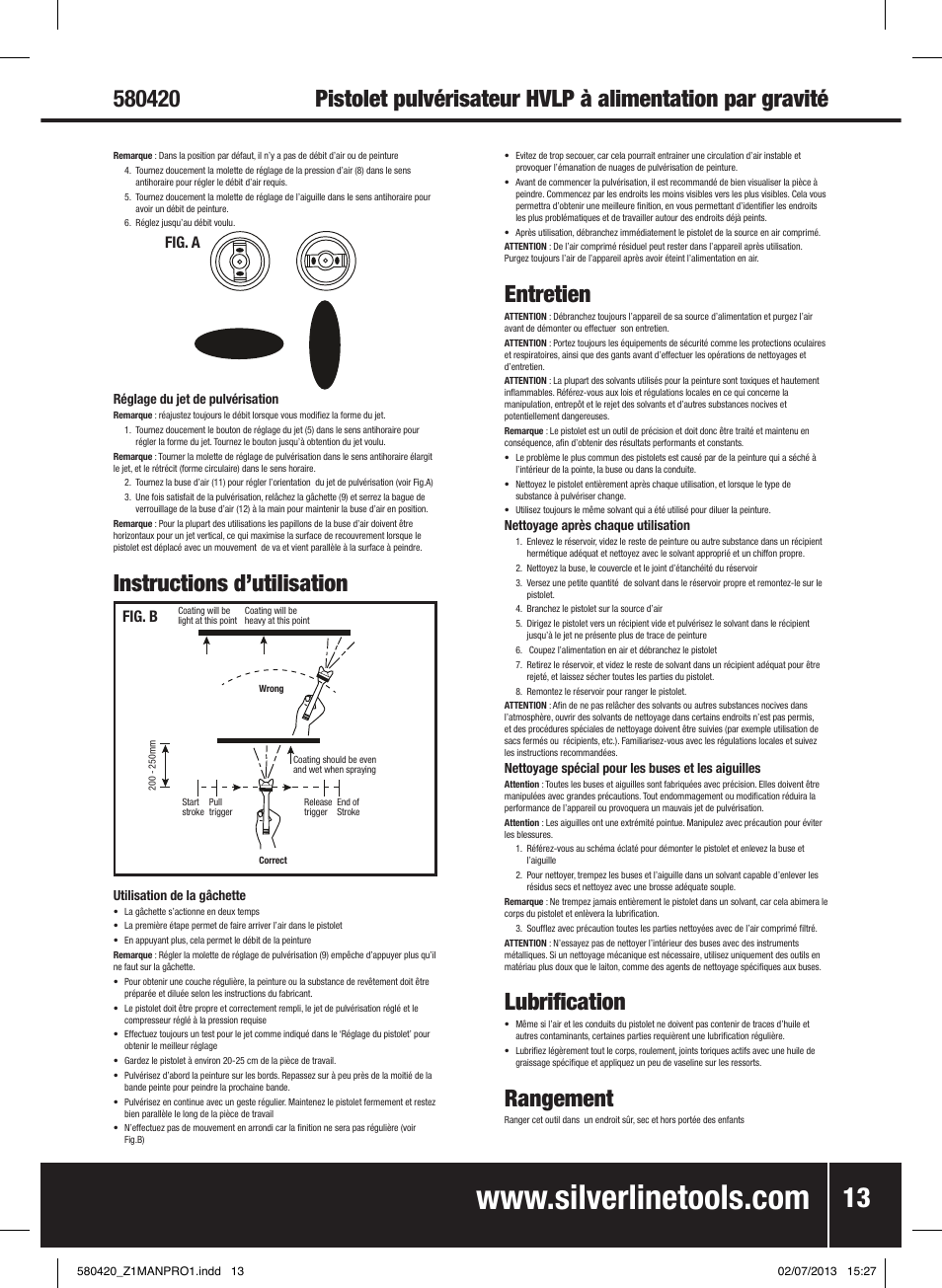 Instructions d’utilisation, Entretien, Lubrification | Rangement, Fig. a, Fig. b | Silverline Gravity Feed HVLP Spray Gun User Manual | Page 14 / 44