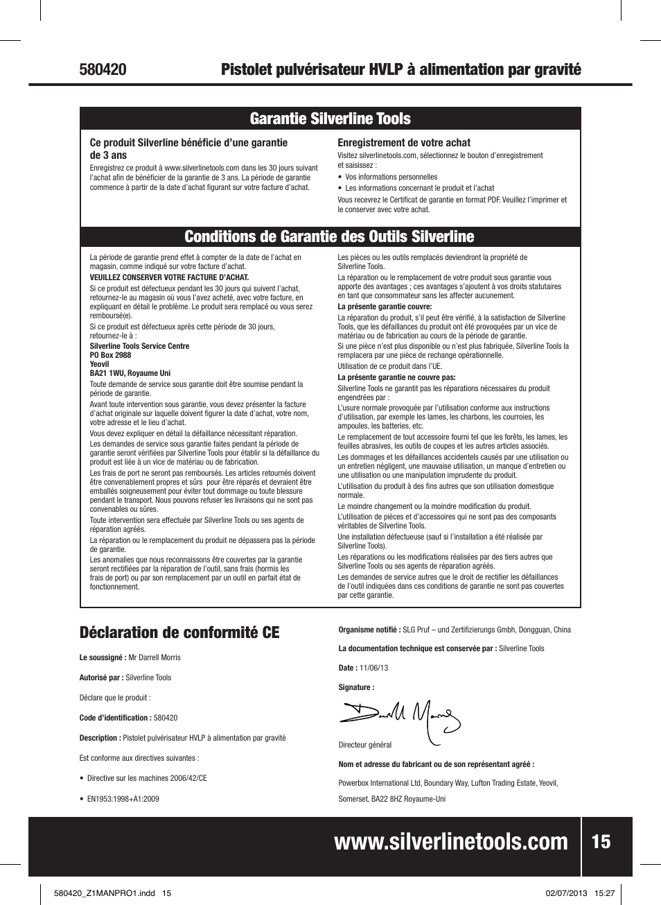 Déclaration de conformité ce | Silverline Gravity Feed HVLP Spray Gun User Manual | Page 16 / 44