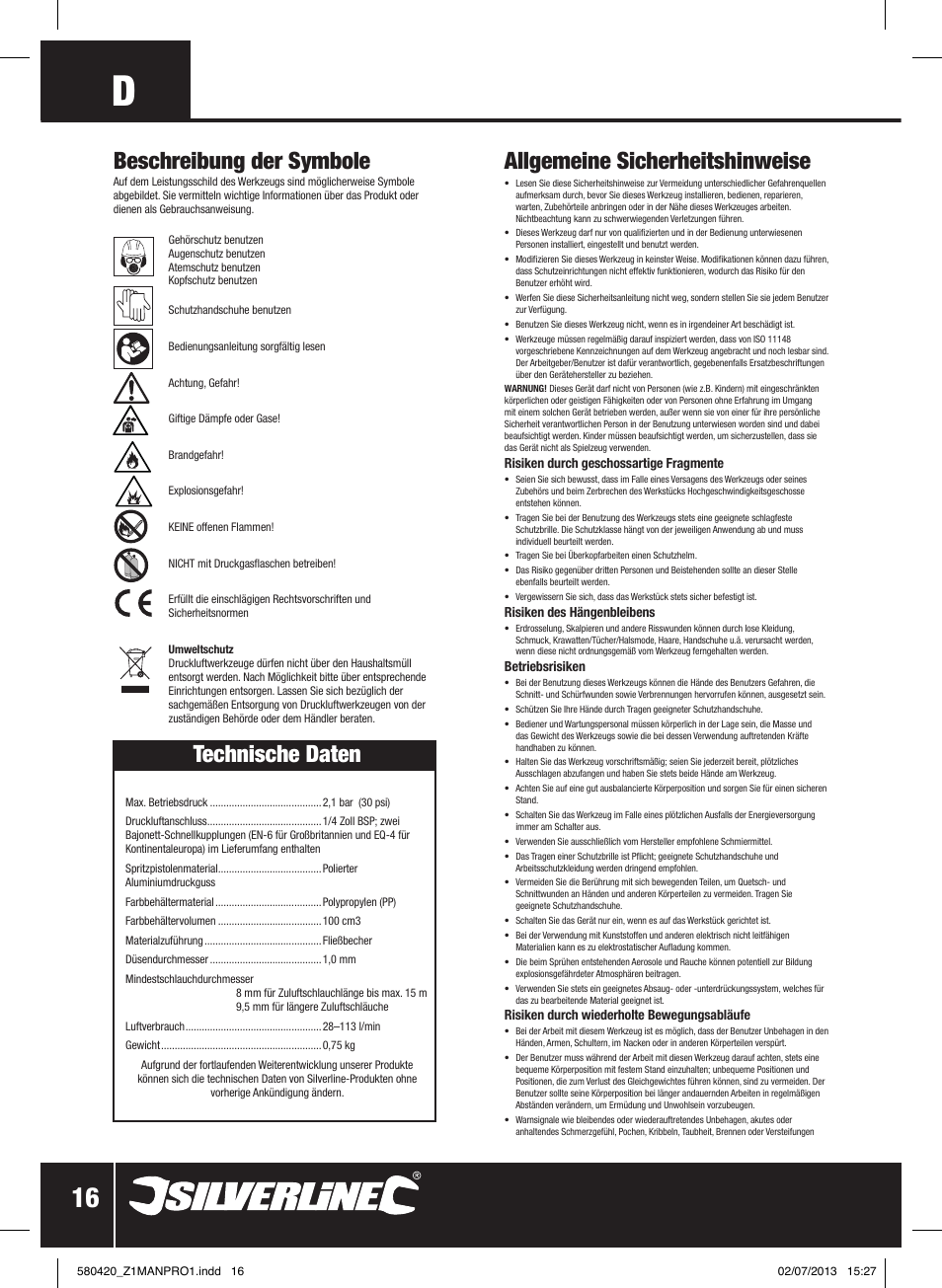 Technische daten, Allgemeine sicherheitshinweise, Beschreibung der symbole | Silverline Gravity Feed HVLP Spray Gun User Manual | Page 17 / 44
