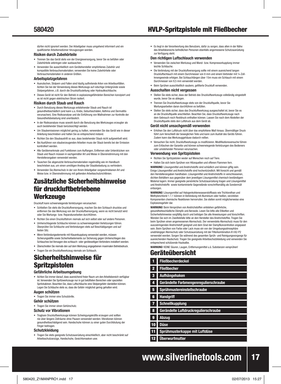 Hvlp-spritzpistole mit fließbecher, Sicherheitshinweise für spritzpistolen, Geräteübersicht | Silverline Gravity Feed HVLP Spray Gun User Manual | Page 18 / 44