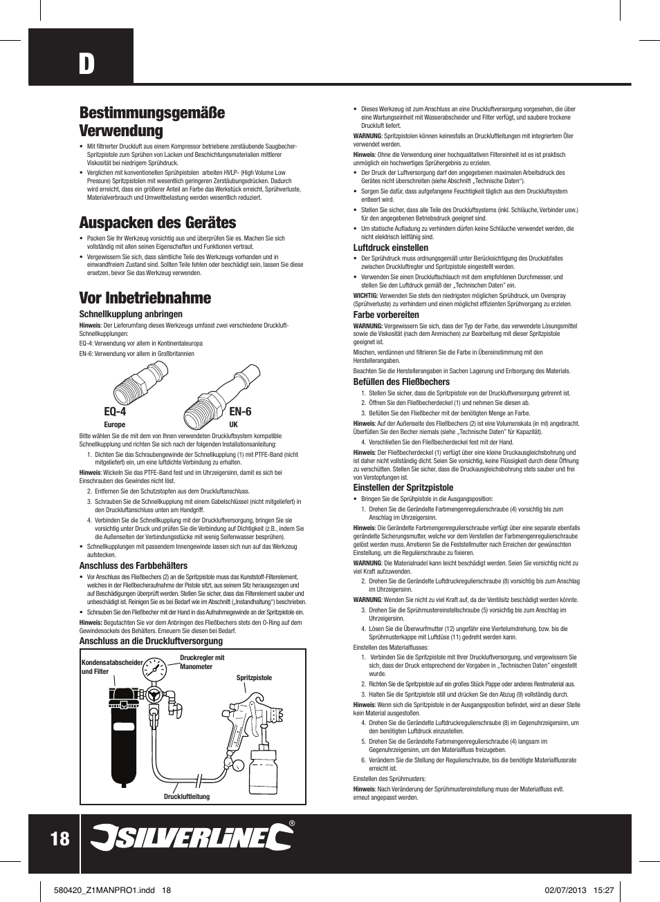 Bestimmungsgemäße verwendung, Auspacken des gerätes, Vor inbetriebnahme | Eq-4, En-6 | Silverline Gravity Feed HVLP Spray Gun User Manual | Page 19 / 44