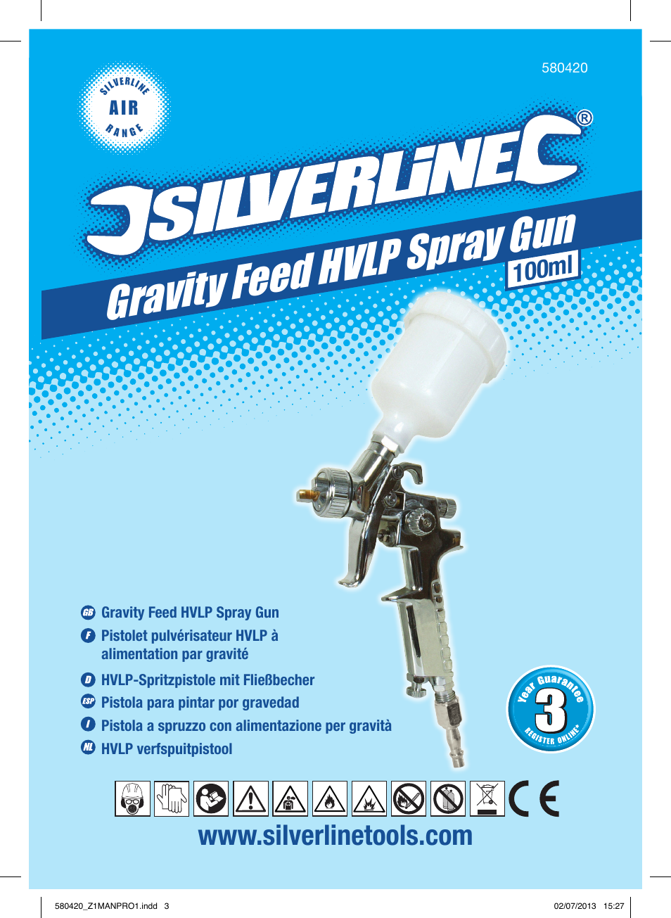 Gravity feed hvlp spray gun, 100ml, A i r | Silverline Gravity Feed HVLP Spray Gun User Manual | Page 2 / 44