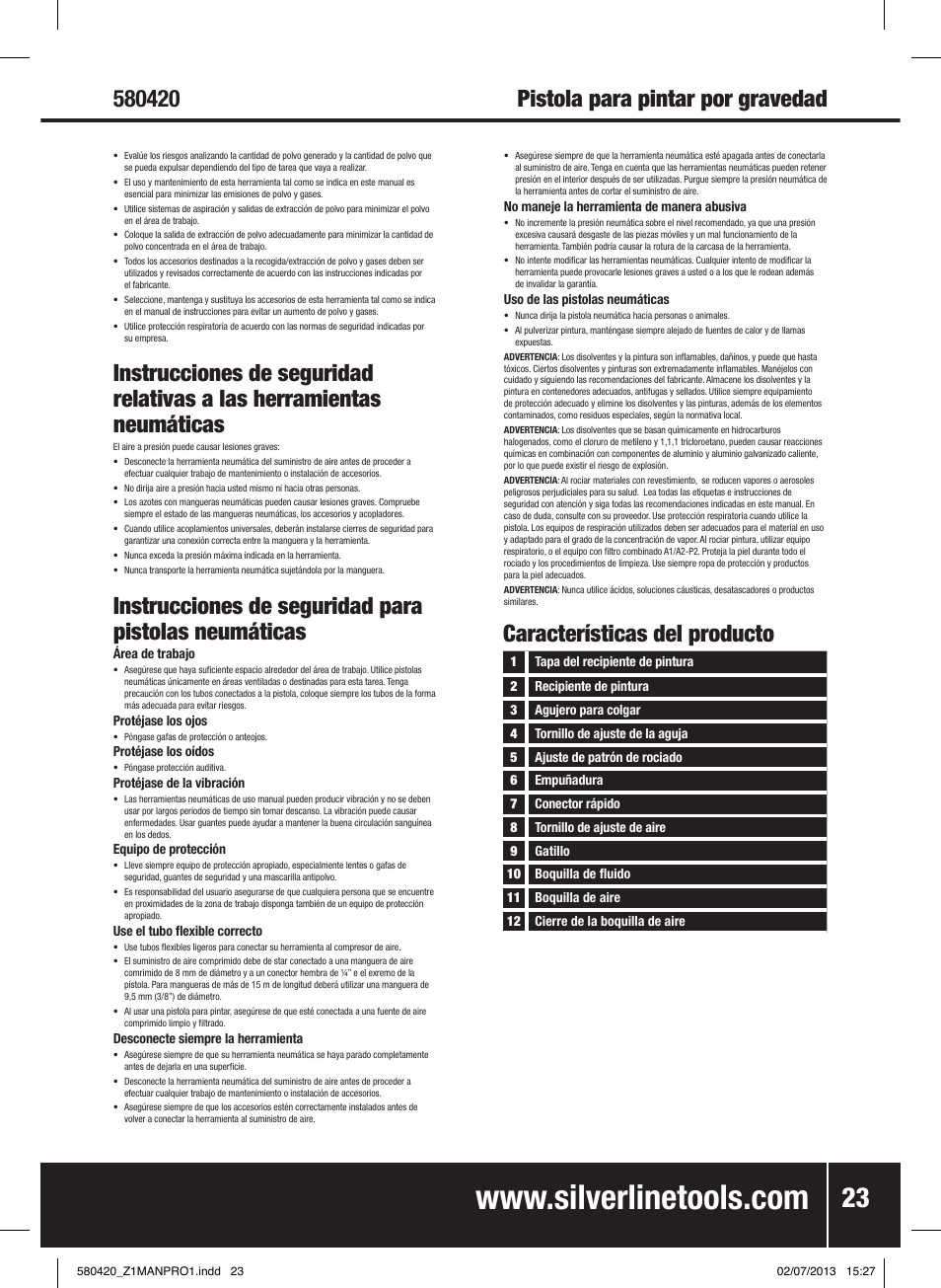 Pistola para pintar por gravedad, Características del producto | Silverline Gravity Feed HVLP Spray Gun User Manual | Page 24 / 44