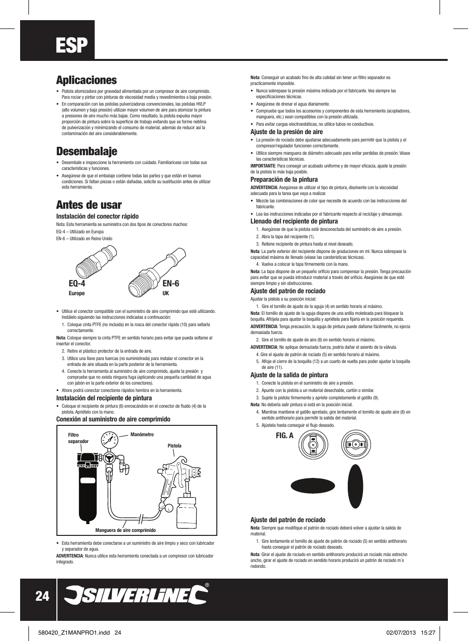 Aplicaciones, Desembalaje, Antes de usar | Eq-4, En-6, Fig. a | Silverline Gravity Feed HVLP Spray Gun User Manual | Page 25 / 44