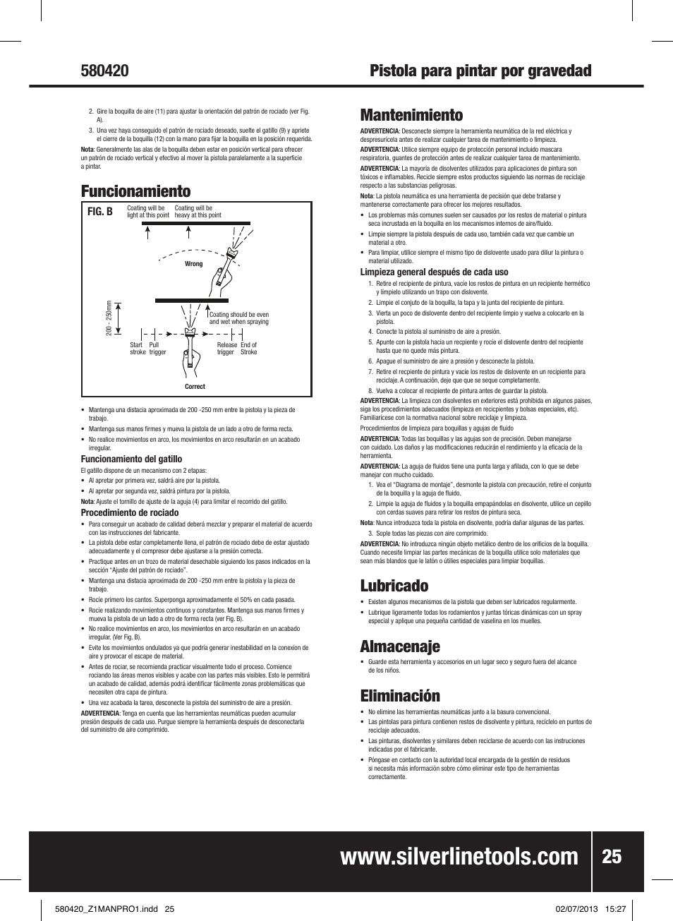 Pistola para pintar por gravedad, Funcionamiento, Lubricado | Almacenaje, Eliminación, Fig. b | Silverline Gravity Feed HVLP Spray Gun User Manual | Page 26 / 44