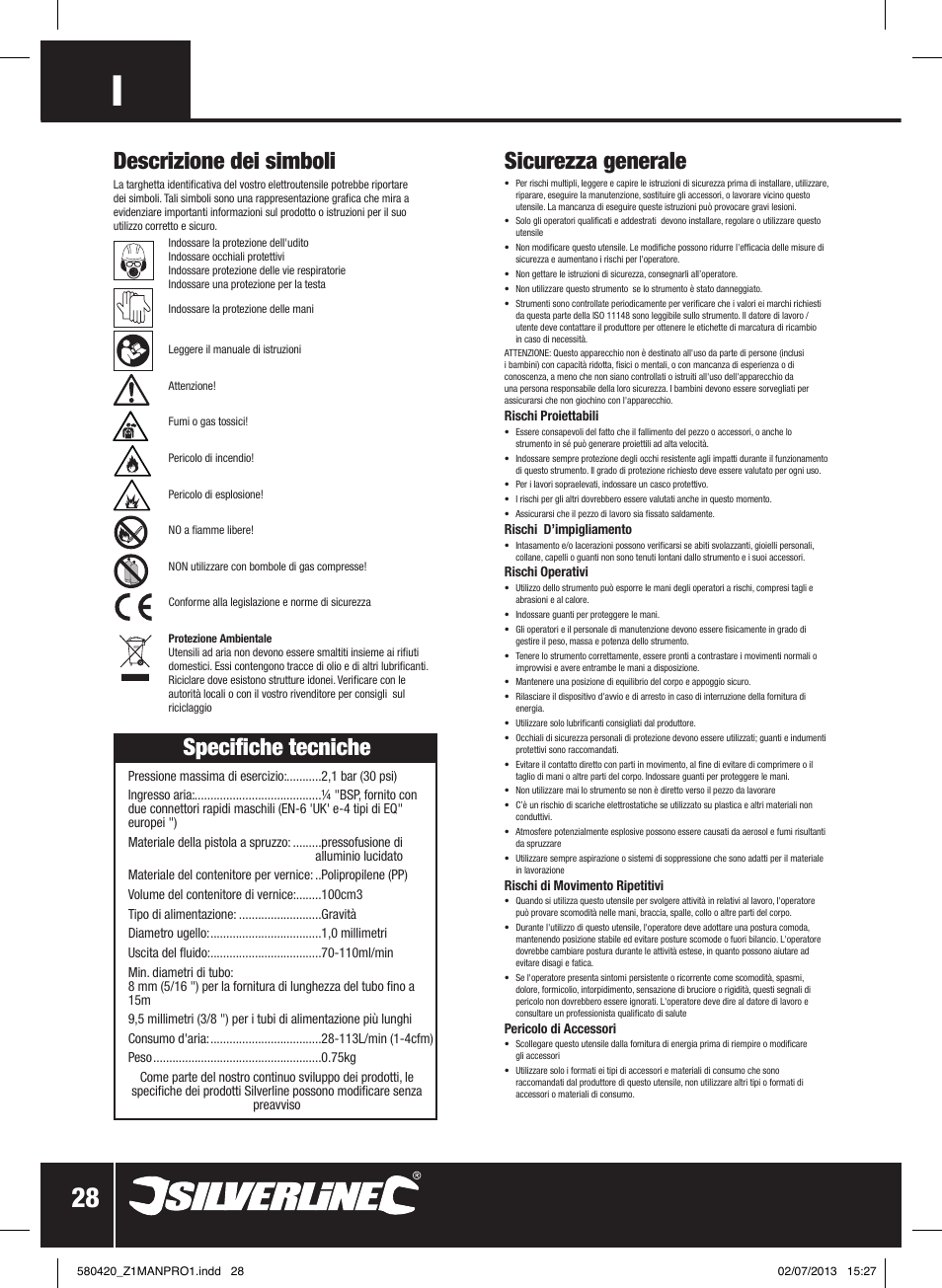 Descrizione dei simboli, Sicurezza generale, Specifiche tecniche | Silverline Gravity Feed HVLP Spray Gun User Manual | Page 29 / 44