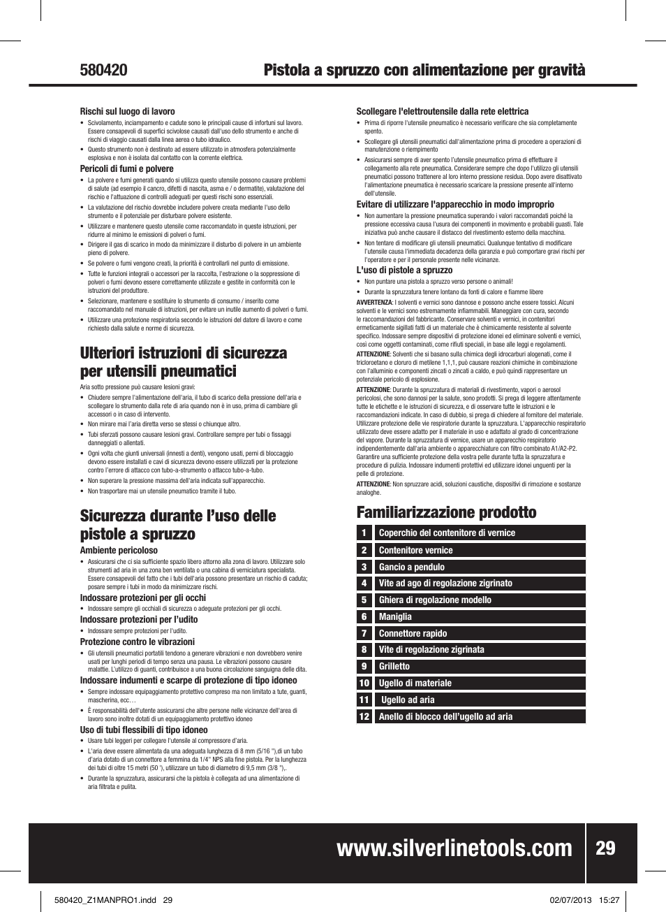 Pistola a spruzzo con alimentazione per gravità, Sicurezza durante l’uso delle pistole a spruzzo, Familiarizzazione prodotto | Silverline Gravity Feed HVLP Spray Gun User Manual | Page 30 / 44