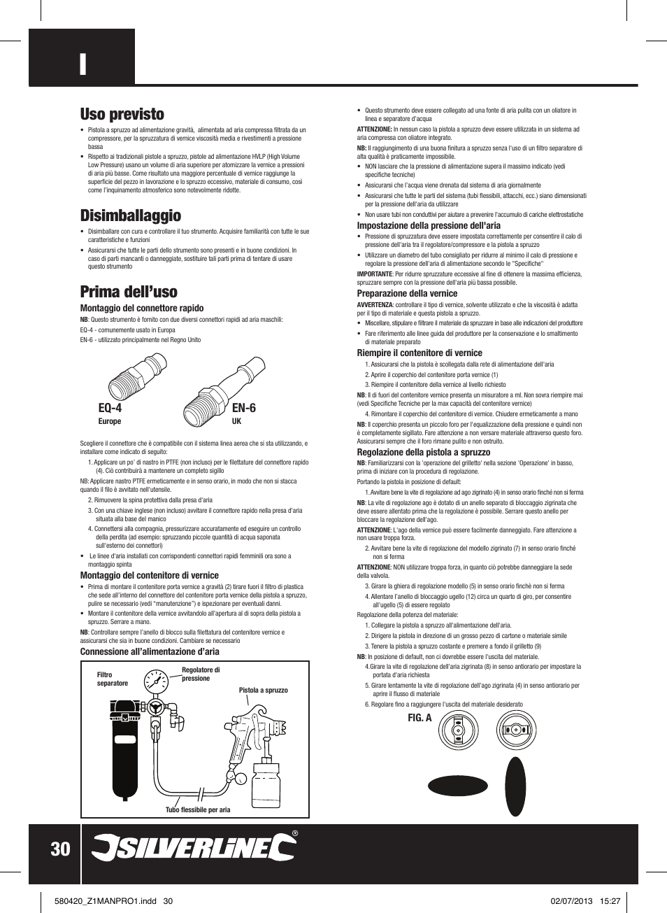 Uso previsto, Disimballaggio, Prima dell’uso | Eq-4, En-6, Fig. a | Silverline Gravity Feed HVLP Spray Gun User Manual | Page 31 / 44