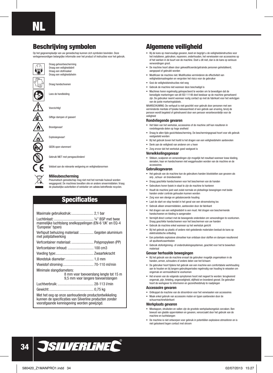 Algemene veiligheid, Specificaties, Beschrijving symbolen | Silverline Gravity Feed HVLP Spray Gun User Manual | Page 35 / 44