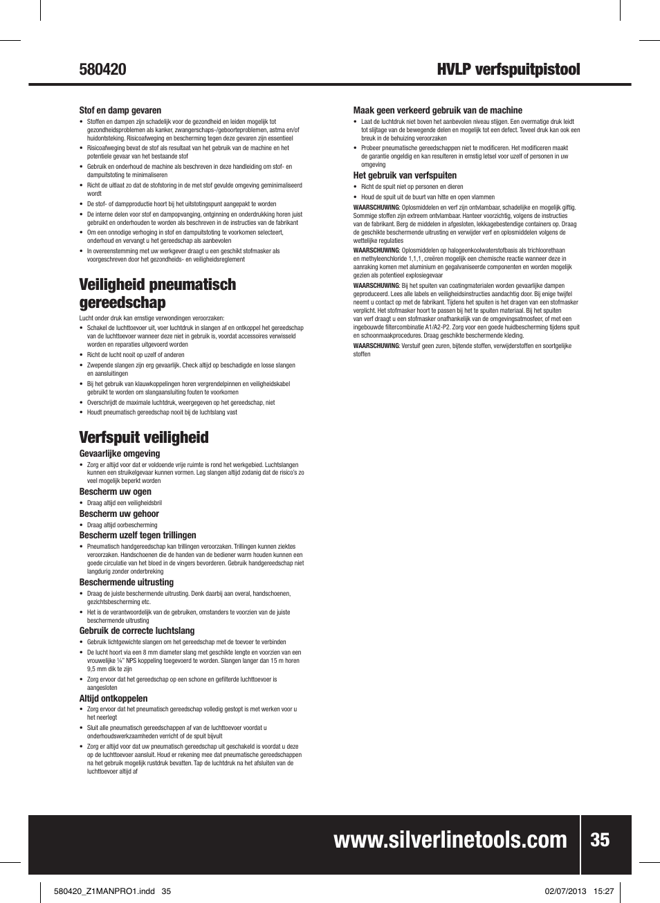 Hvlp verfspuitpistool, Veiligheid pneumatisch gereedschap, Verfspuit veiligheid | Silverline Gravity Feed HVLP Spray Gun User Manual | Page 36 / 44