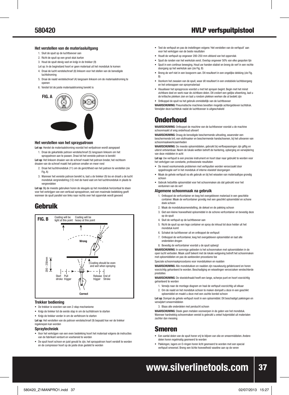 Gebruik, Hvlp verfspuitpistool, Onderhoud | Smeren, Fig. b, Fig. a | Silverline Gravity Feed HVLP Spray Gun User Manual | Page 38 / 44