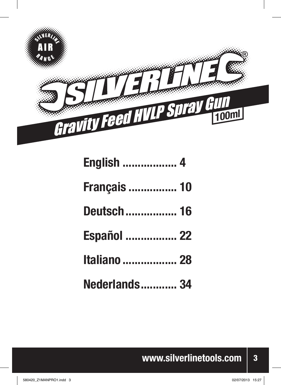Gravity feed hvlp spray gun, 100ml | Silverline Gravity Feed HVLP Spray Gun User Manual | Page 4 / 44