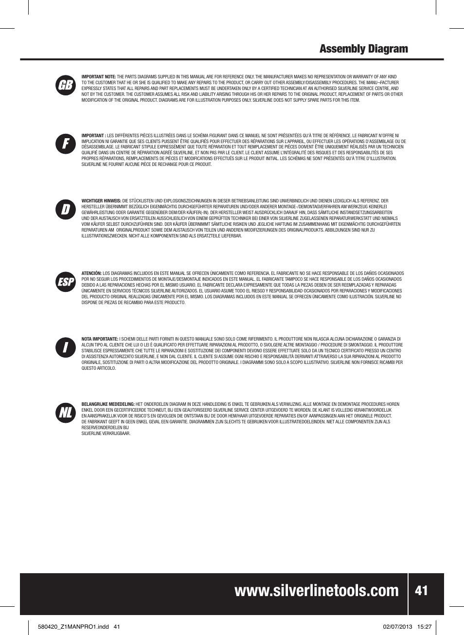 Assembly diagram | Silverline Gravity Feed HVLP Spray Gun User Manual | Page 42 / 44