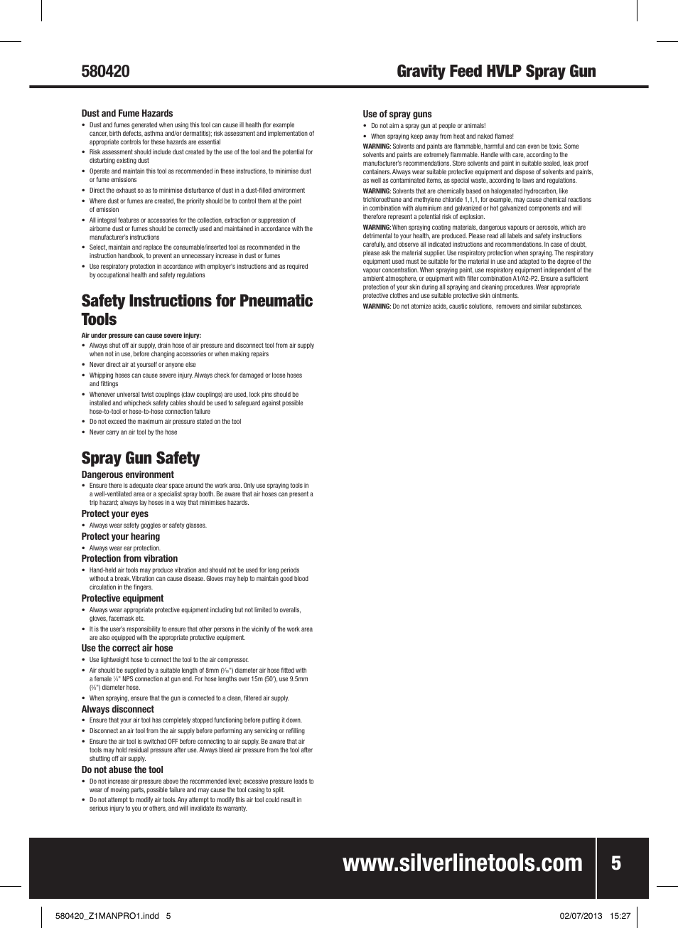 Safety instructions for pneumatic tools, Spray gun safety | Silverline Gravity Feed HVLP Spray Gun User Manual | Page 6 / 44