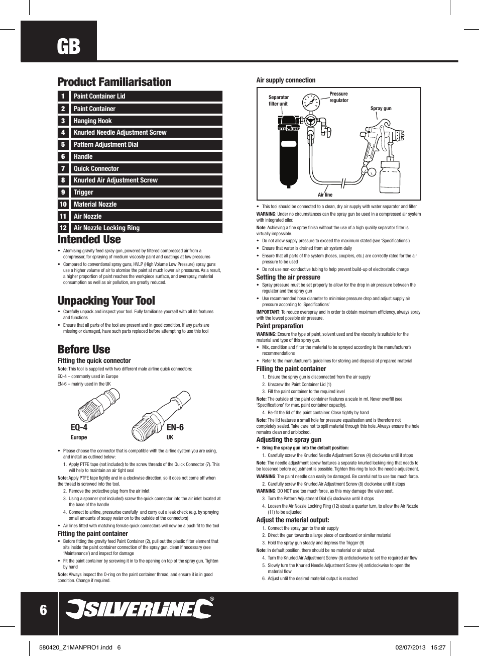 Intended use, Unpacking your tool, Before use | Product familiarisation, Eq-4, En-6 | Silverline Gravity Feed HVLP Spray Gun User Manual | Page 7 / 44