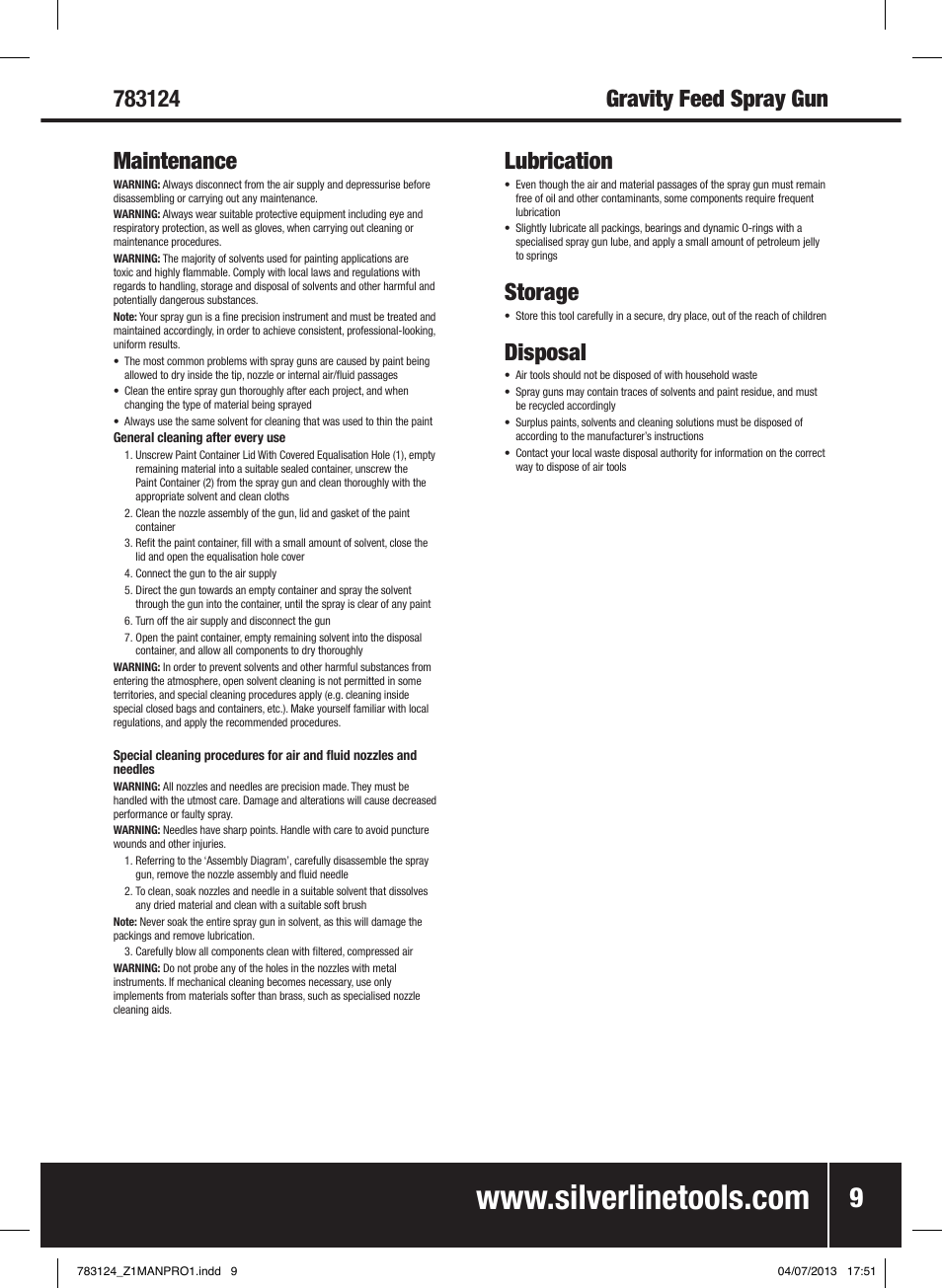 Lubrication, Storage, Disposal | Silverline Gravity Feed Spray Gun User Manual | Page 10 / 56