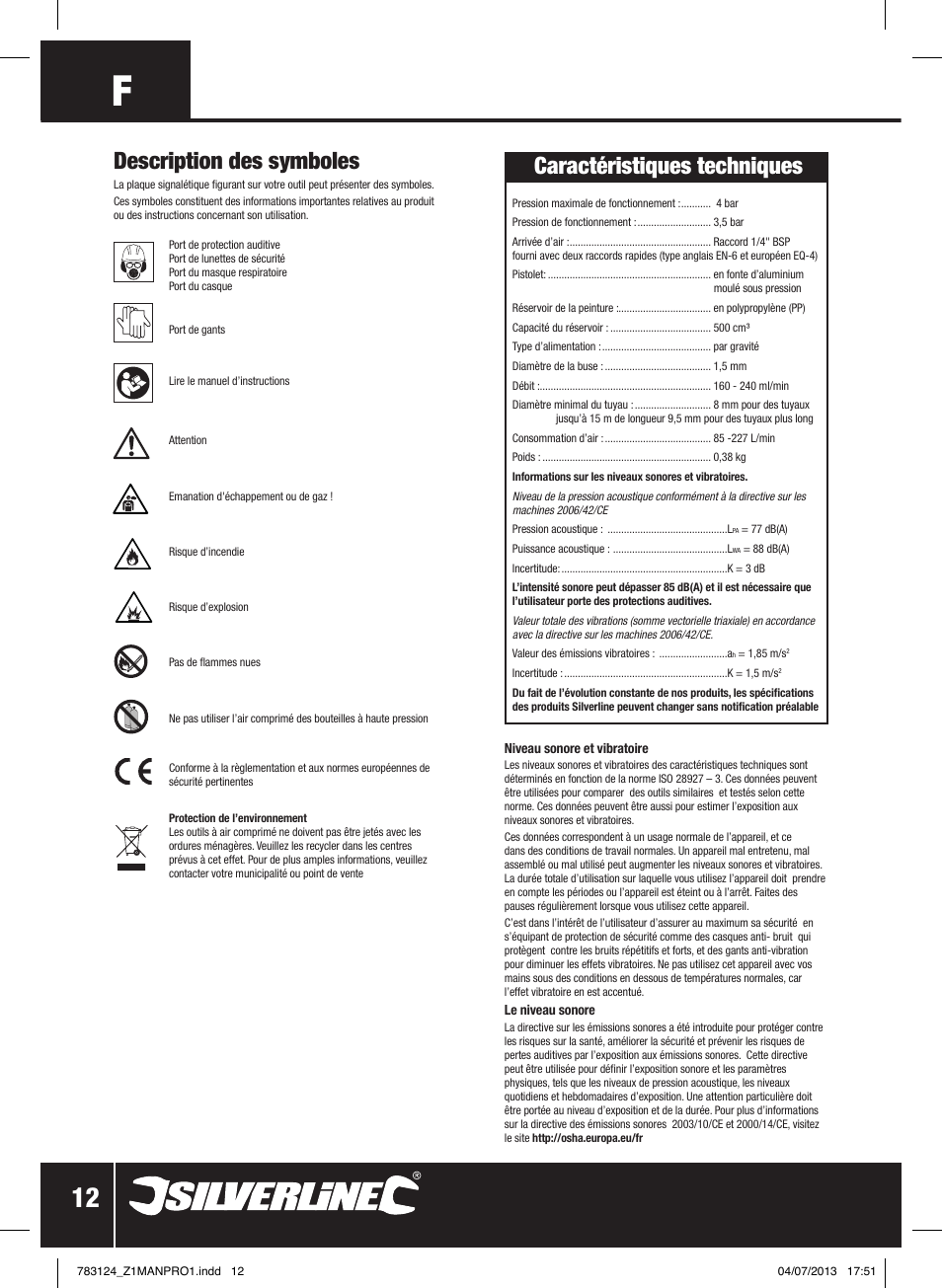 Caractéristiques techniques, Description des symboles | Silverline Gravity Feed Spray Gun User Manual | Page 13 / 56