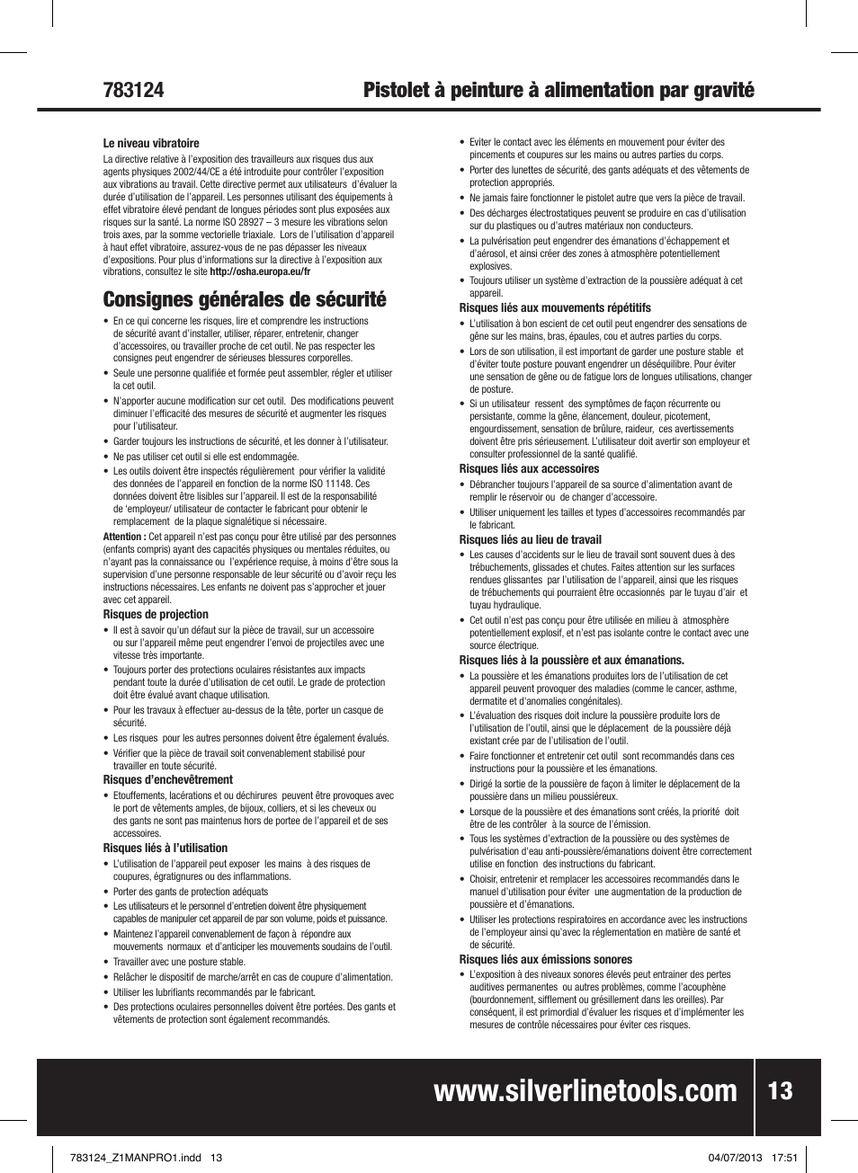 Pistolet à peinture à alimentation par gravité, Consignes générales de sécurité | Silverline Gravity Feed Spray Gun User Manual | Page 14 / 56